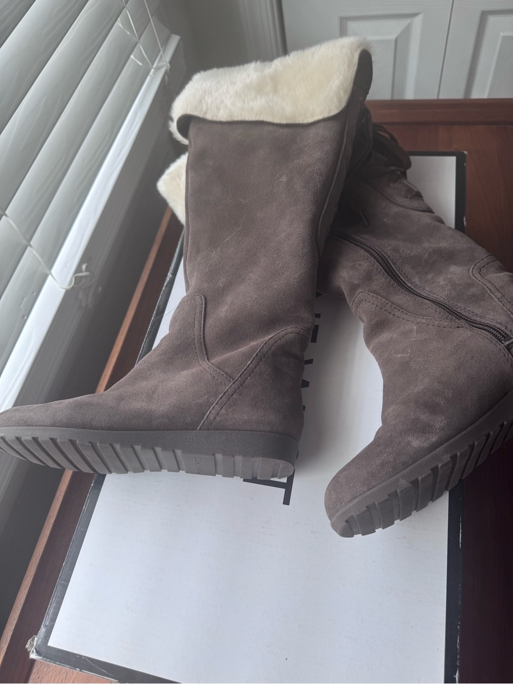 Nine West Women's Brown Suede Knee-High Faux Fur Lined Boots